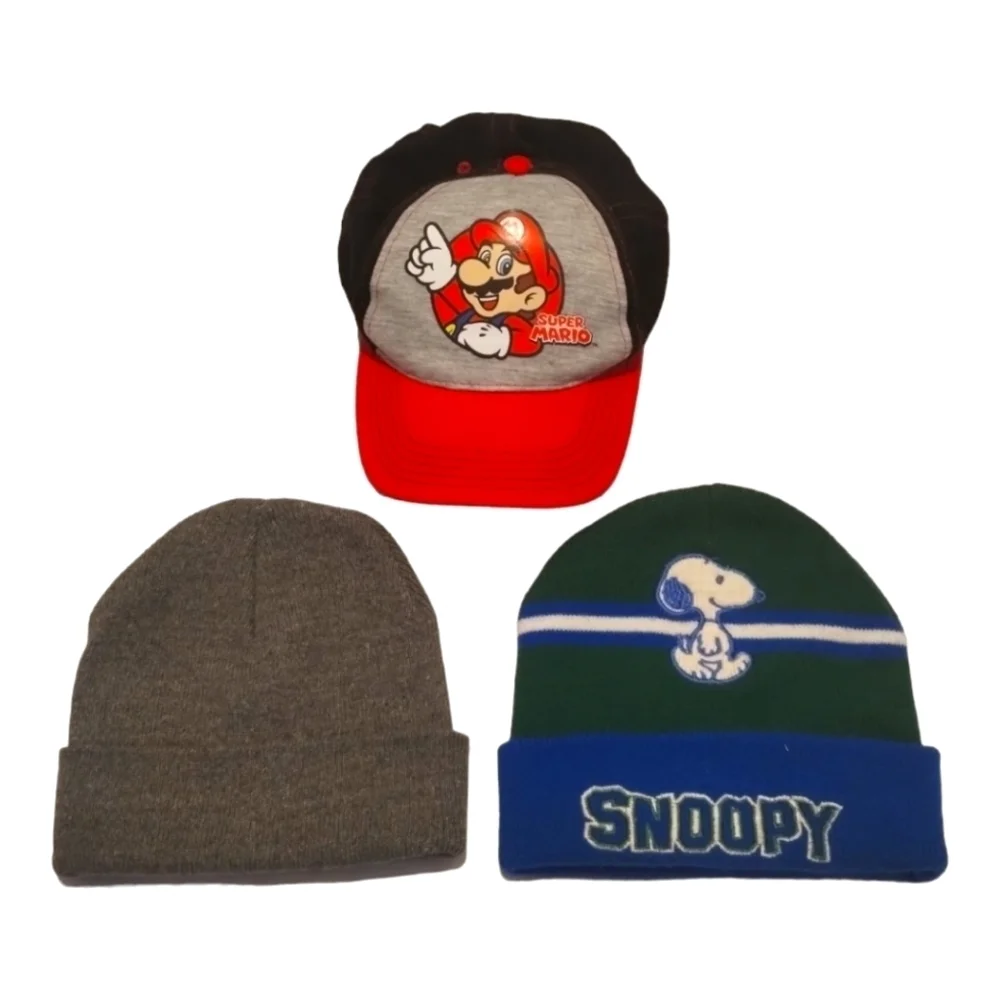 Bundle Of 3 Beanies Hat Cap Graphic Embroidered Super Mario Snoopy Multicolored‎